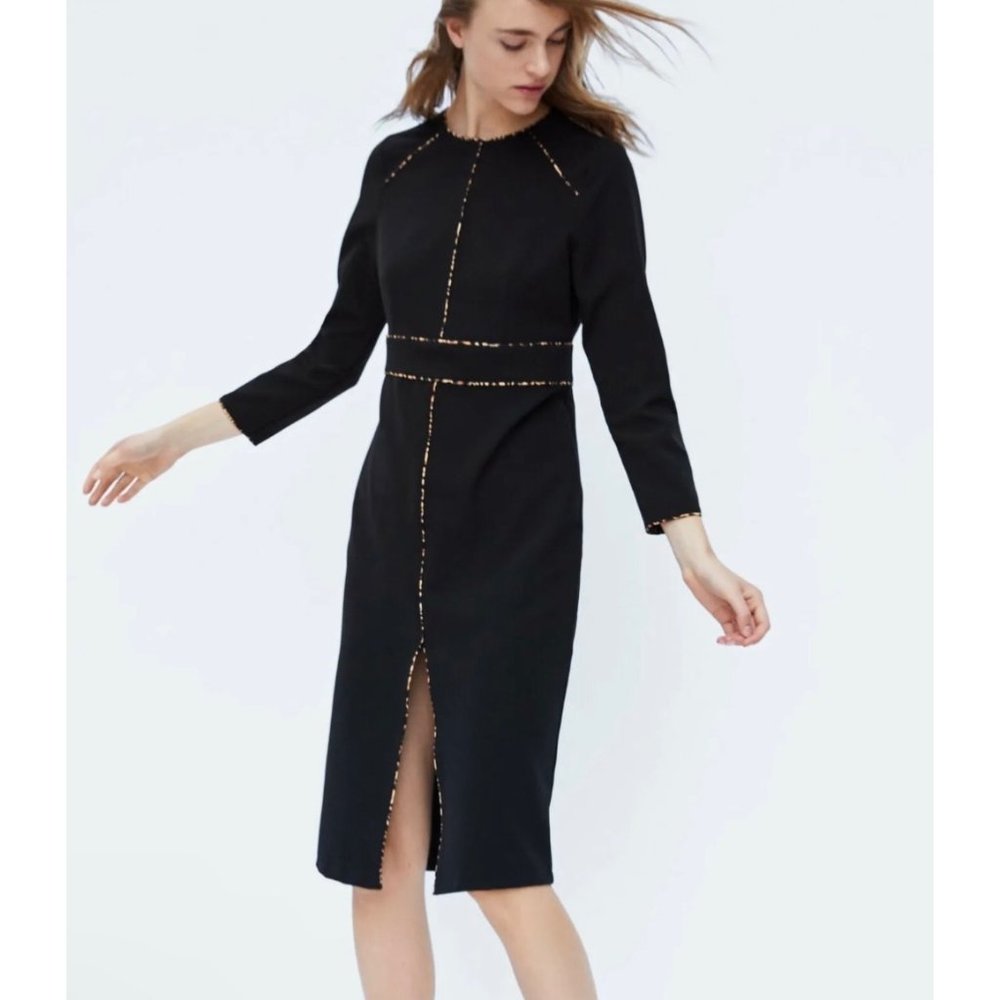 Zara NWT Black Pencil Slit Dress animal leopard Small